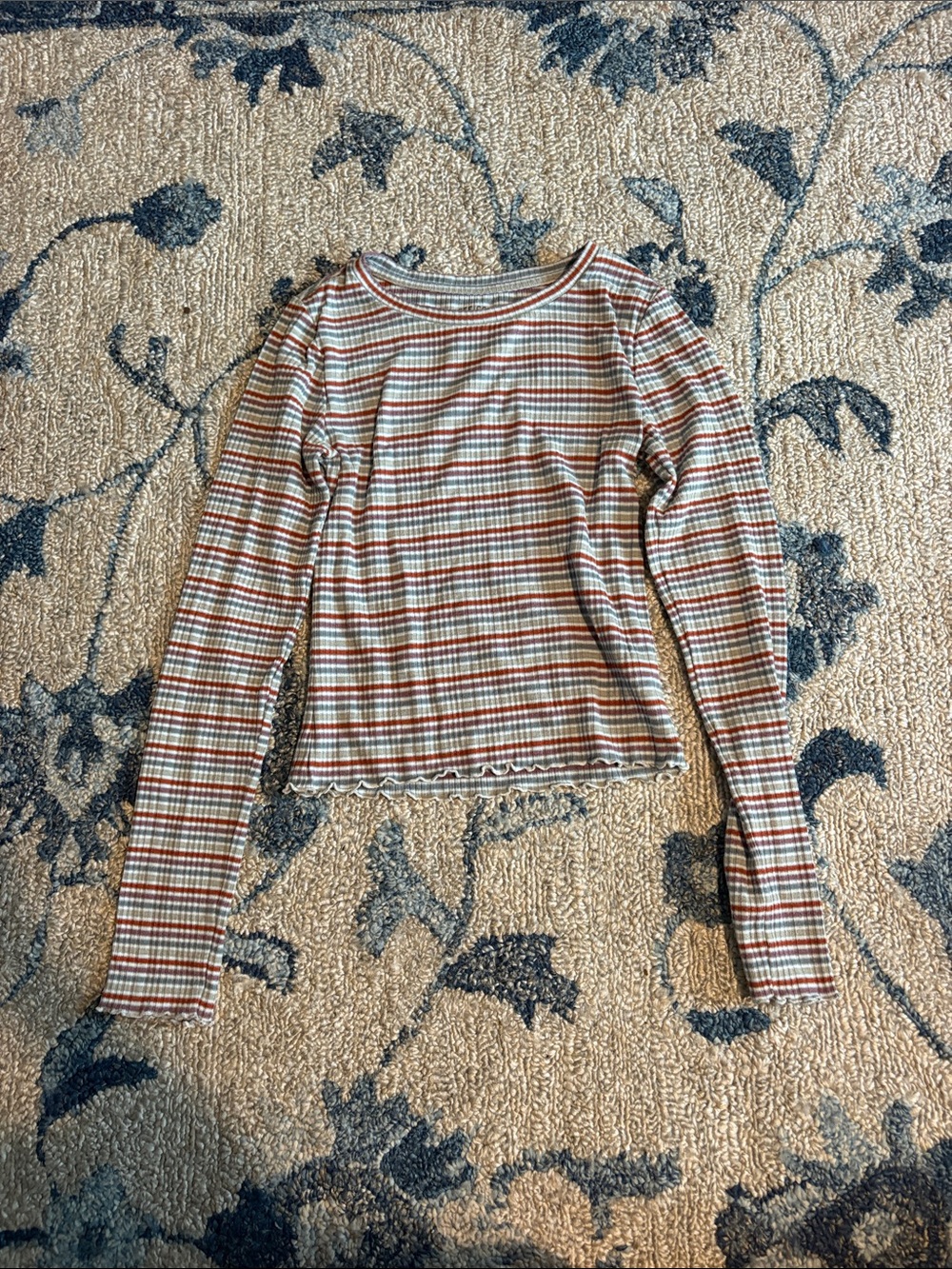 Long-Sleeve Striped Ruffle Hem Tee - Multi Color